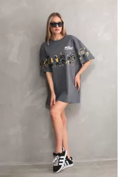 Unisex Bisiklet Yaka Baskılı Oversize T-Shirt - Gri