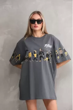 Unisex Bisiklet Yaka Baskılı Oversize T-Shirt - Gri