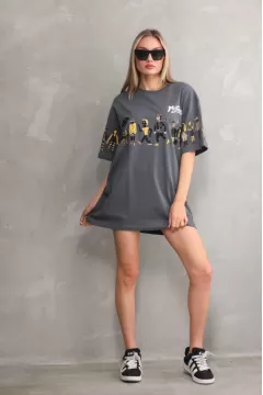 Unisex Bisiklet Yaka Baskılı Oversize T-Shirt - Gri