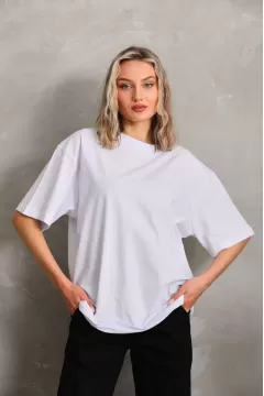 Unisex Bisiklet Yaka 20/1 Düz Oversize T-Shirt - Beyaz