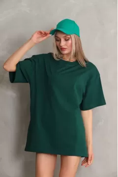 Unisex Bisiklet Yaka 20/1 Düz Oversize T-Shirt - Yeşil