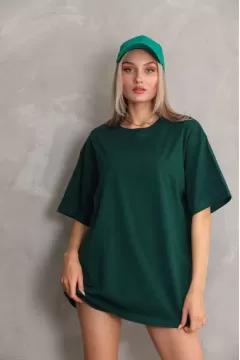 Unisex Bisiklet Yaka 20/1 Düz Oversize T-Shirt - Yeşil