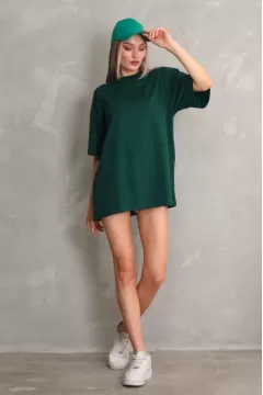 Unisex Bisiklet Yaka 20/1 Düz Oversize T-Shirt - Yeşil