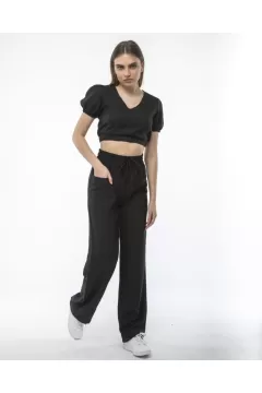 Keten Pantalon ve Crop Takım - Siyah