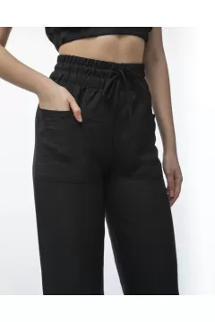 Keten Pantalon ve Crop Takım - Siyah