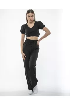 Keten Pantalon ve Crop Takım - Siyah