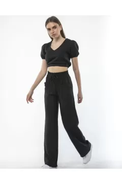 Keten Pantalon ve Crop Takım - Siyah