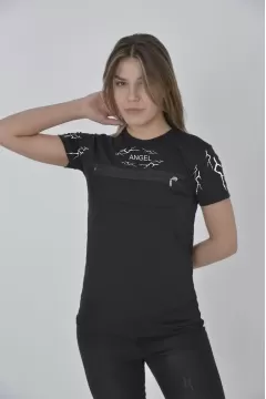 Unisex Göğüs Fermuarlı Baskılı T-Shirt - Siyah