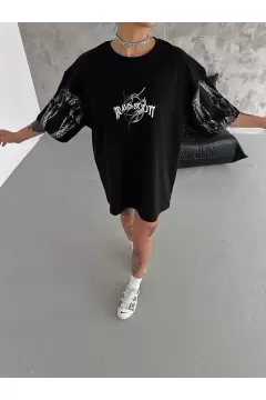 Unisex Bisiklet Yaka Baskılı Oversize T-Shirt - Siyah