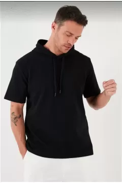 Kapşonlu Düz Oversize T-shirt - Siyah