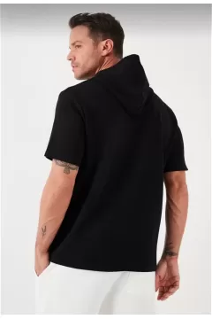 Kapşonlu Düz Oversize T-shirt - Siyah