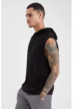 Kolsuz Kapşonlu Düz Oversize T-Shirt - Siyah