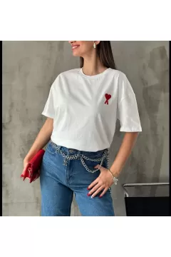 Unisex Bisiklet Yaka Baskılı Oversize T-Shirt - Beyaz