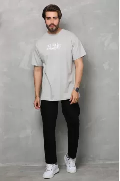 El Padre Baskılı Bisiklet Yaka Oversize Penye T-Shirt - Gri