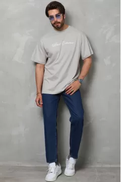 Melek Baskılı Oversize Penye T-Shirt - Gri