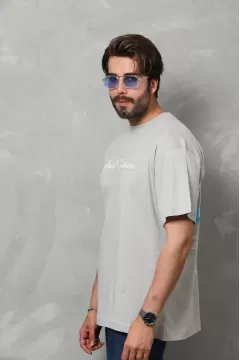 Melek Baskılı Oversize Penye T-Shirt - Gri