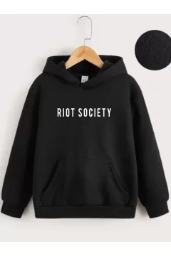 Çocuk Unisex Kapüşonlu Riot Society Baskılı Sweatshirt - Siyah