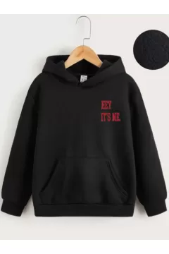 Çocuk Unisex Kapüşonlu Hey Its Me Baskılı Sweatshirt - Siyah