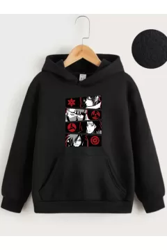 Çocuk Unisex Kapüşonlu Anime Baskılı Sweatshirt - Siyah