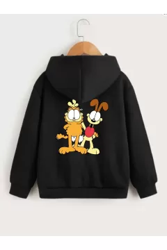 Çocuk Unisex Kapüşonlu Ön ve Arka Garfield Baskılı Sweatshirt - Siyah