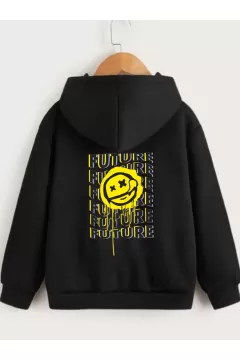 Çocuk Unisex Kapüşonlu Ön ve Arka Emoji Baskılı Sweatshirt - Siyah