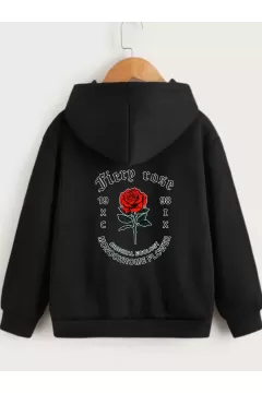 Çocuk Unisex Kapüşonlu Ön ve Arka Fiery Rose Baskılı Sweatshirt - Siyah