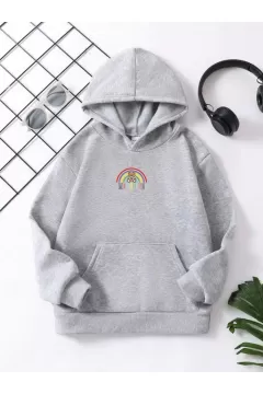 Çocuk Unisex Kapüşonlu Küçük Gökkuşağı Baskılı Sweatshirt - Gri