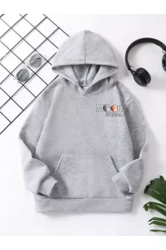 Çocuk Unisex Kapüşonlu Ön ve Arka Moon Special Baskılı Sweatshirt - Gri