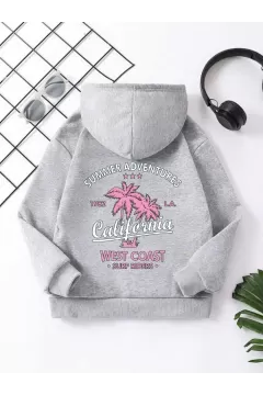 Çocuk Unisex Kapüşonlu Ön ve Arka California Baskılı Sweatshirt - Gri