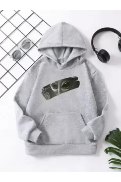 Çocuk Unisex Kapüşonlu Uzaylı Baskılı Pamuklu Sweatshirt - Gri