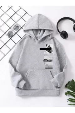 Çocuk Unisex Kapüşonlu NEW MOMENT Baskılı Pamuklu Sweatshirt - Gri