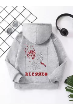 Çocuk Unisex Kapüşonlu Ön ve Arka Blessed Baskılı Pamuklu Sweatshirt - Gri