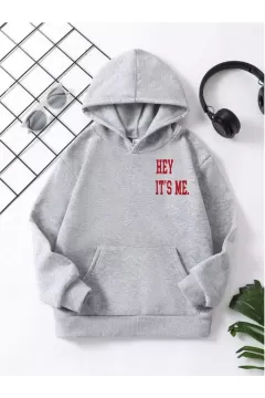 Çocuk Unisex Kapüşonlu Hey Its Me Baskılı Pamuklu Sweatshirt - Gri