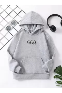 Çocuk Unisex Kapüşonlu Mini Kafa Baskılı Pamuklu Sweatshirt - Gri