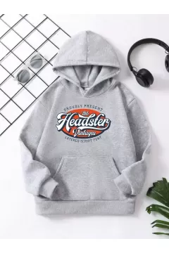 Çocuk Unisex Kapüşonlu Vintages Baskılı Pamuklu Sweatshirt - Gri