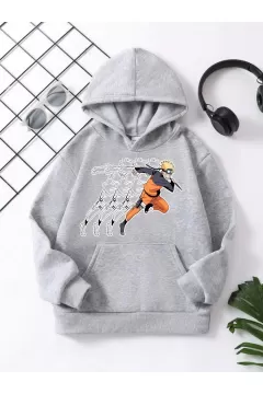 Çocuk Unisex Kapüşonlu Naruto Baskılı Pamuklu Sweatshirt - Gri