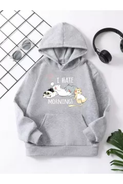 Çocuk Unisex Kapüşonlu Kedicik Baskılı Pamuklu Sweatshirt - Gri