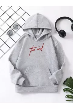 Çocuk Unisex Kapüşonlu The End Baskılı Pamuklu Sweatshirt - Gri