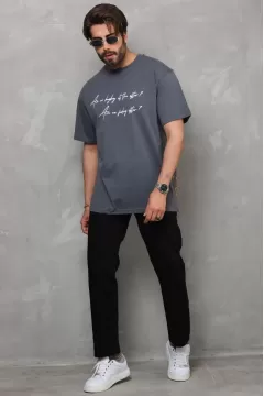 Baskılı Bisiklet Yaka Oversize Penye T-Shirt - Füme