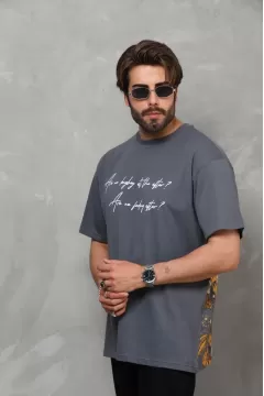 Baskılı Bisiklet Yaka Oversize Penye T-Shirt - Füme