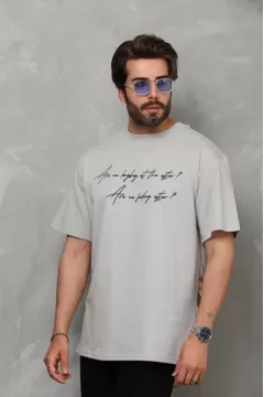 Baskılı Bisiklet Yaka Oversize Penye T-Shirt - Gri