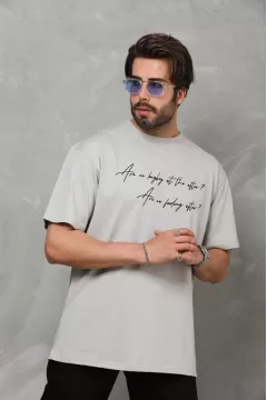 Baskılı Bisiklet Yaka Oversize Penye T-Shirt - Gri