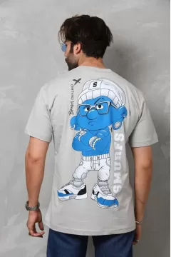 Smurfs Baskılı Bisiklet Yaka Oversize Penye T-Shirt - Gri