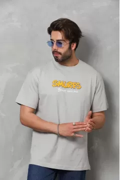 Smurfs Baskılı Bisiklet Yaka Oversize Penye T-Shirt - Gri