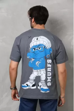 Smurfs Baskılı Bisiklet Yaka Oversize Penye T-Shirt - Füme