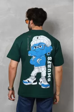 Smurfs Baskılı Bisiklet Yaka Oversize Penye T-Shirt - Yeşil