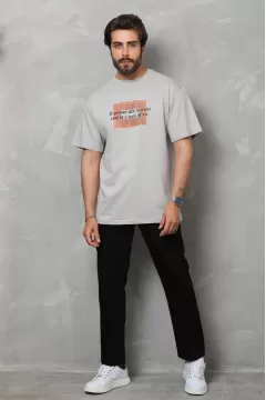 Baskılı Bisiklet Yaka Oversize  Penye T-Shirt - Gri