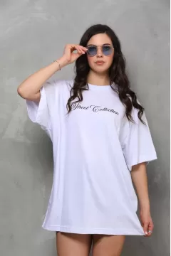 Unisex Bisiklet Yaka Baskılı Oversize T-Shirt - Beyaz