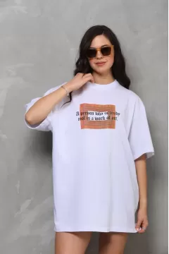 Unisex Bisiklet Yaka Baskılı Oversize T-Shirt - Beyaz