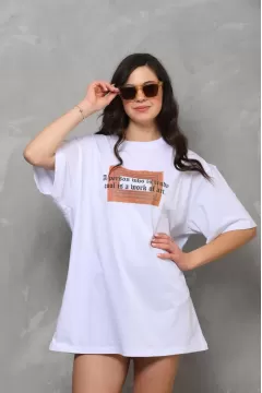 Unisex Bisiklet Yaka Baskılı Oversize T-Shirt - Beyaz